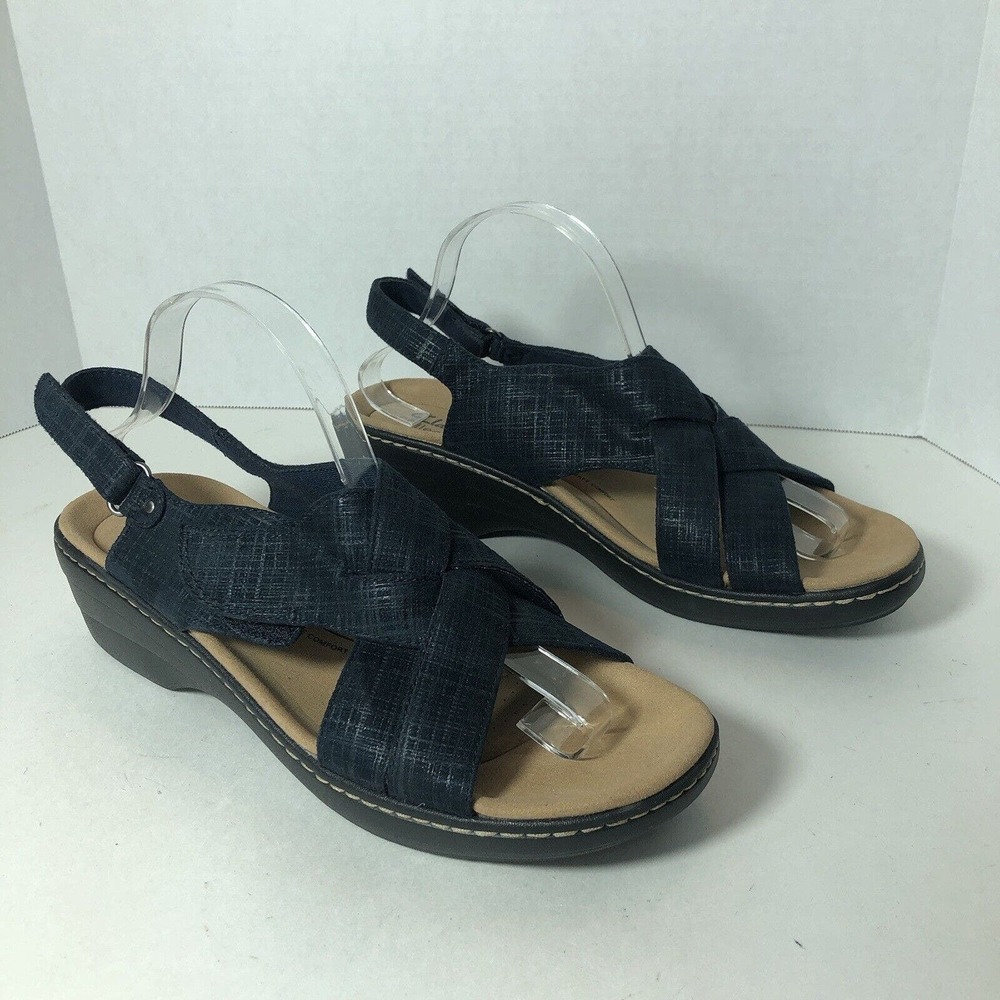 Clarks Sandals Wedge Womens Size 12 N Merliah Echo Navy Black Slingback Adj F3